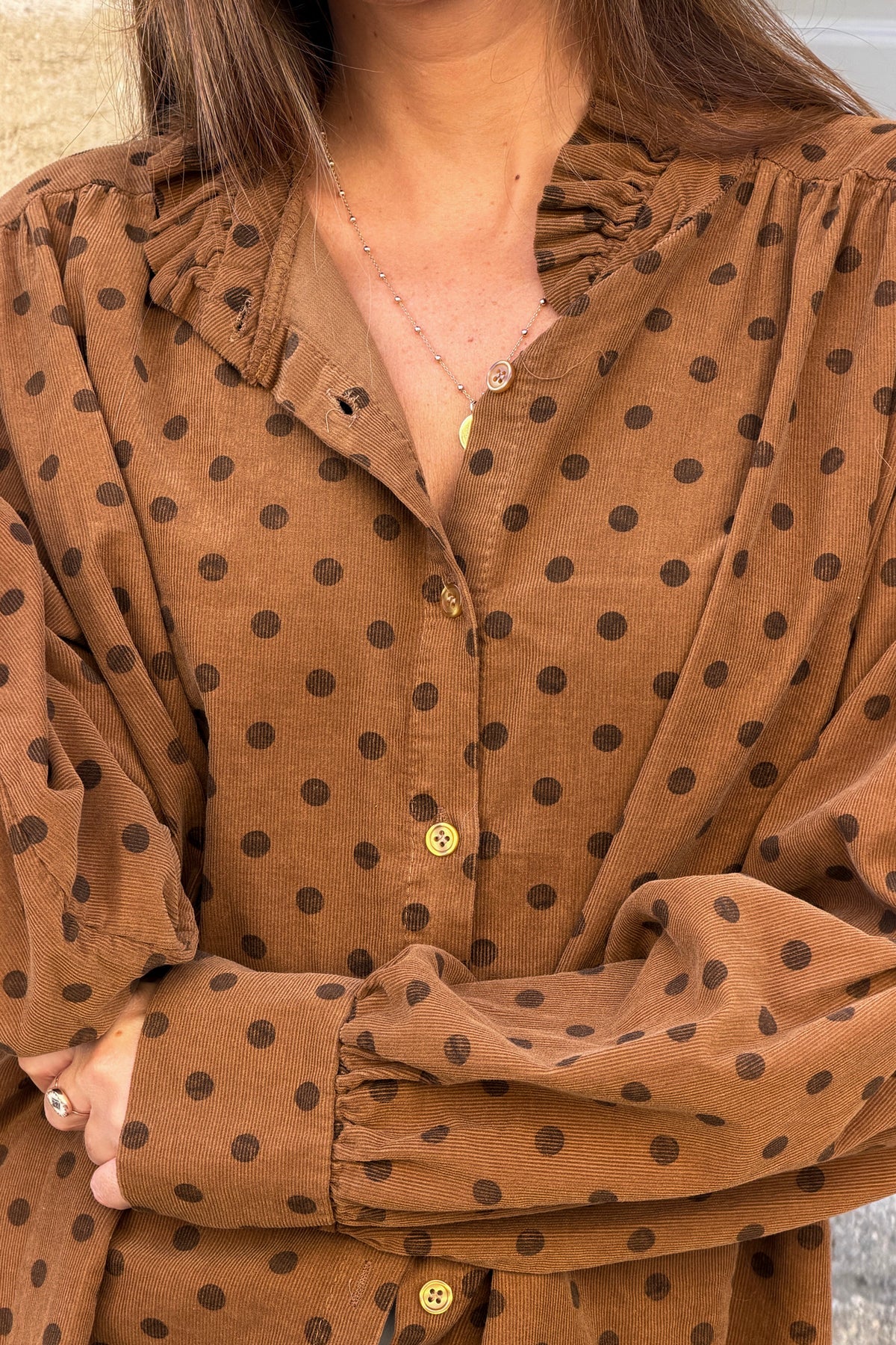 Camel Ruffled Collar Polka Dot Button-Down Blouse