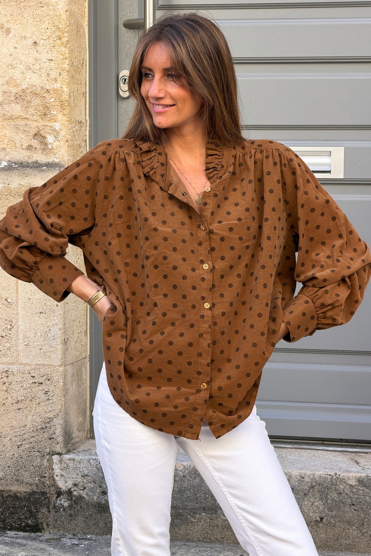 Camel Ruffled Collar Polka Dot Button-Down Blouse