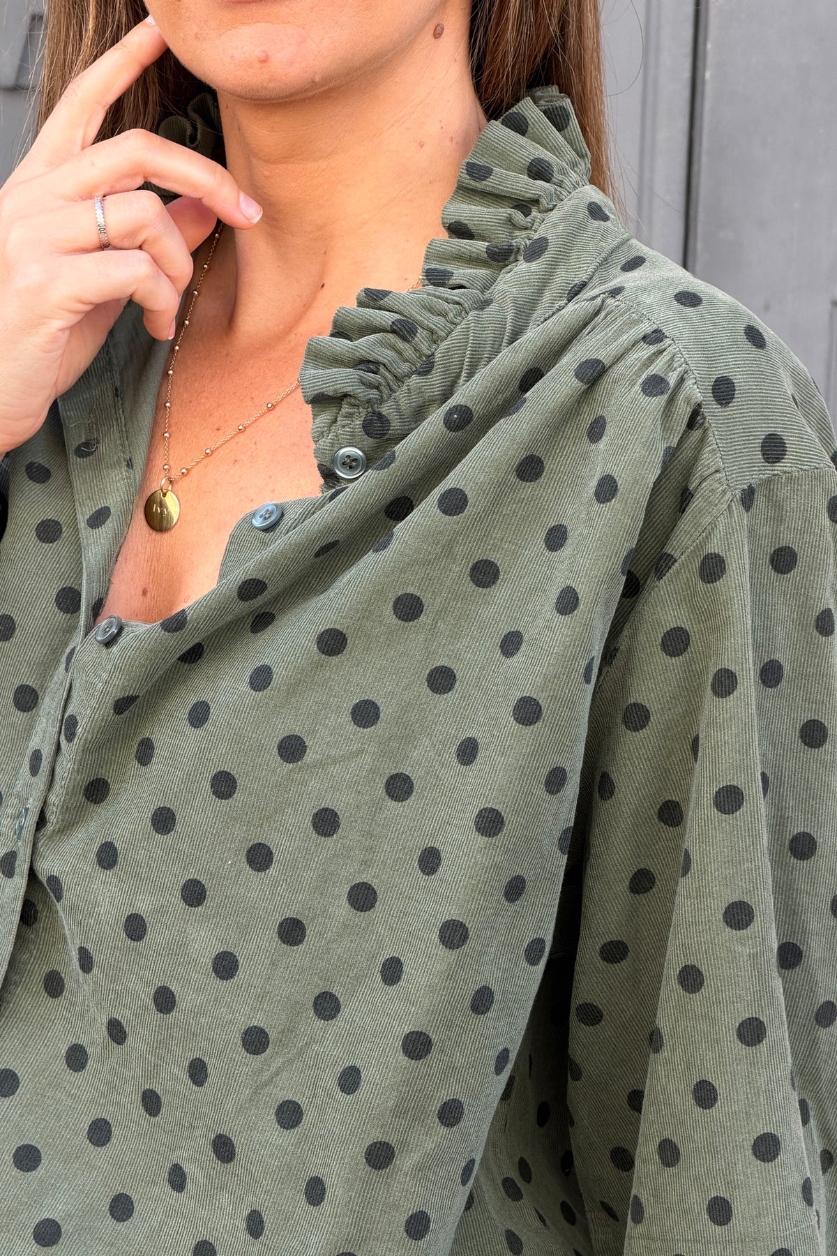 Olive Ruffled Collar Polka Dot Button-Down Blouse