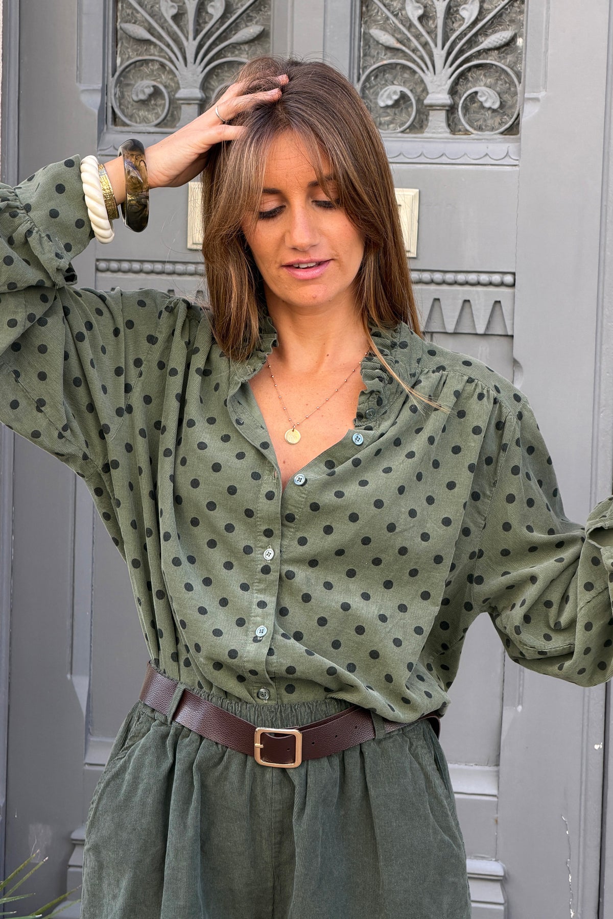 Olive Ruffled Collar Polka Dot Button-Down Blouse