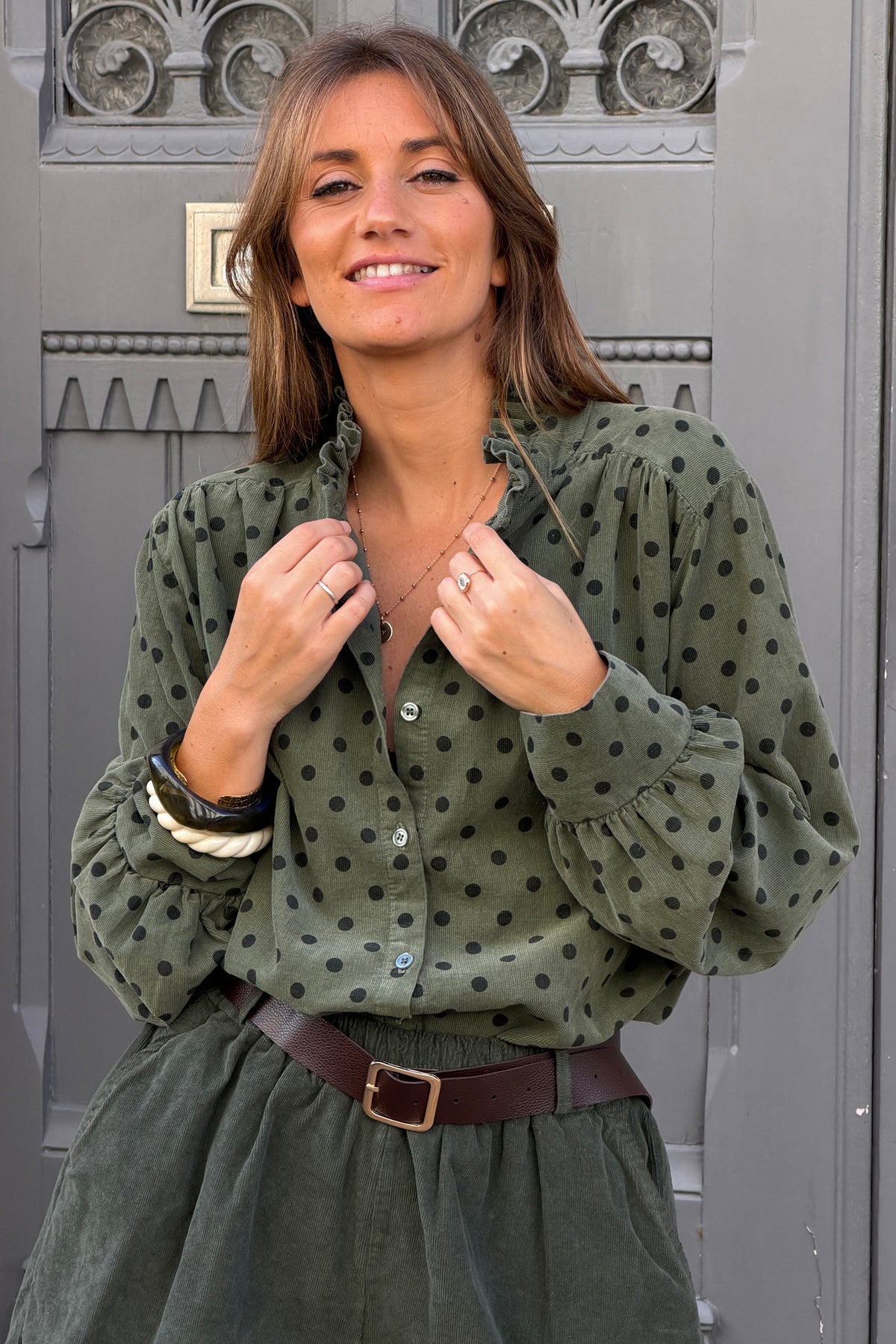 Olive Ruffled Collar Polka Dot Button-Down Blouse