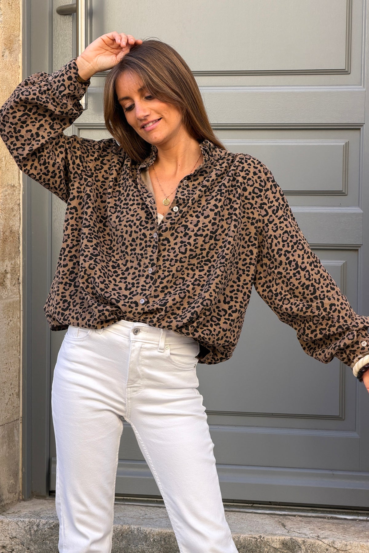 Taupe Ruffled Collar Leopard Print Button-Down Blouse
