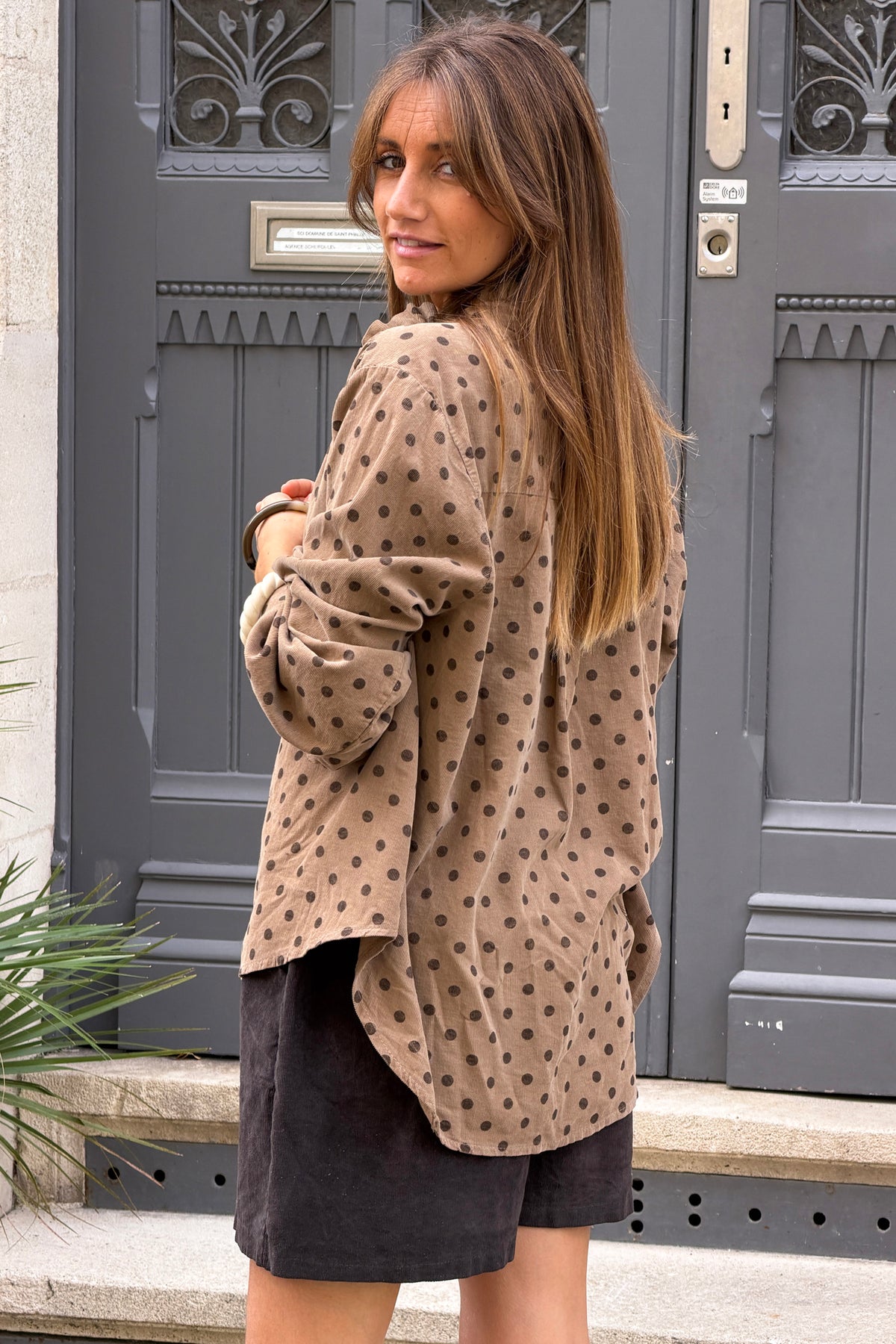Taupe Ruffled Collar Polka Dot Button-Down Blouse