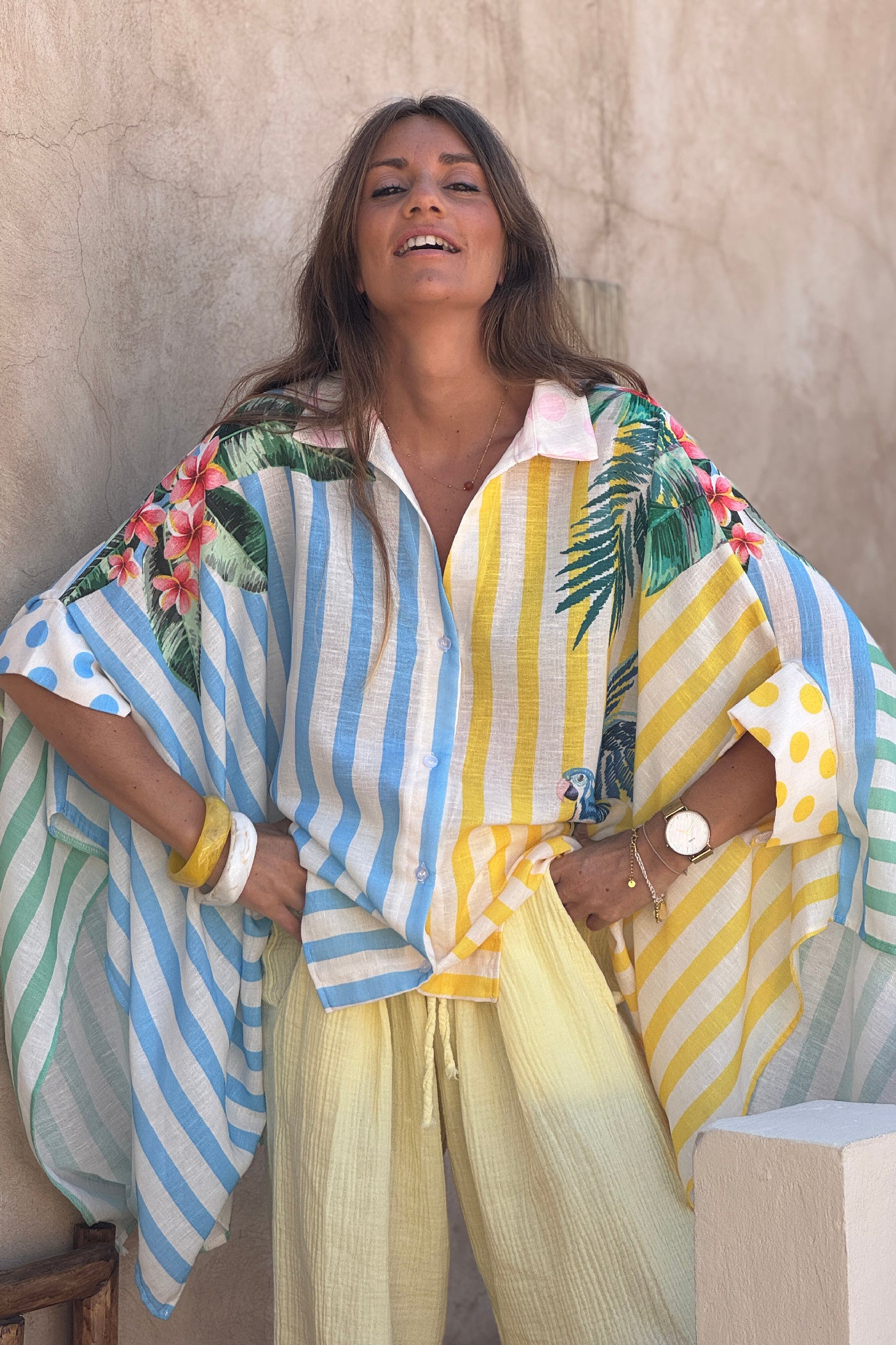 Chemise extra large rayures trio coloré perroquets et palmes