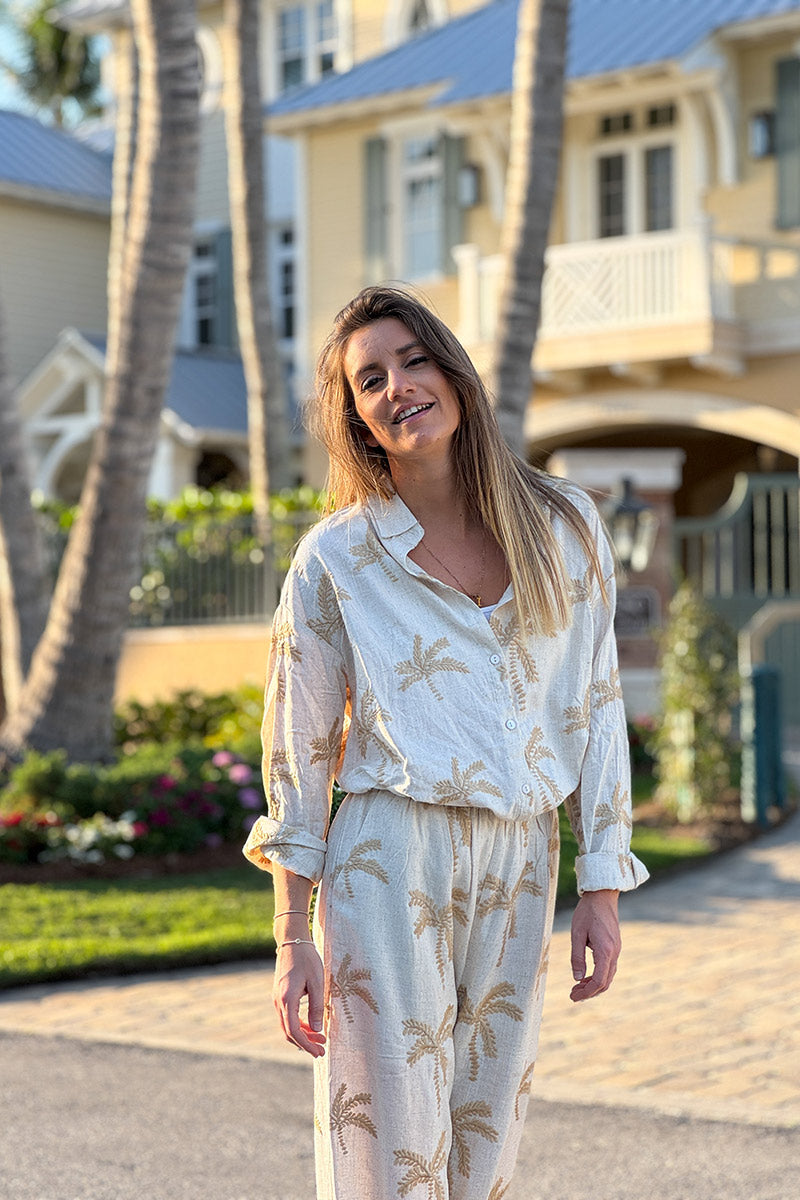 Beige Linen Embroidered Palm Button-Down