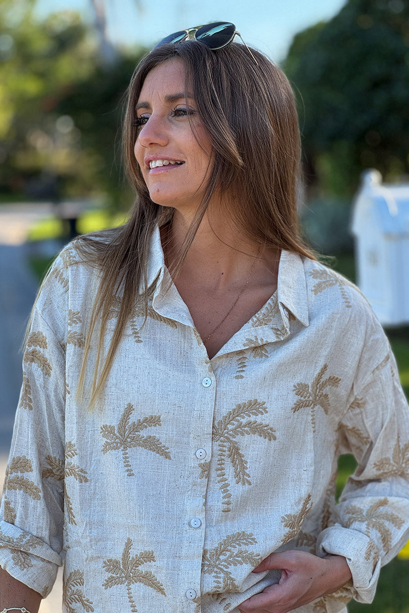 Beige Linen Embroidered Palm Button-Down