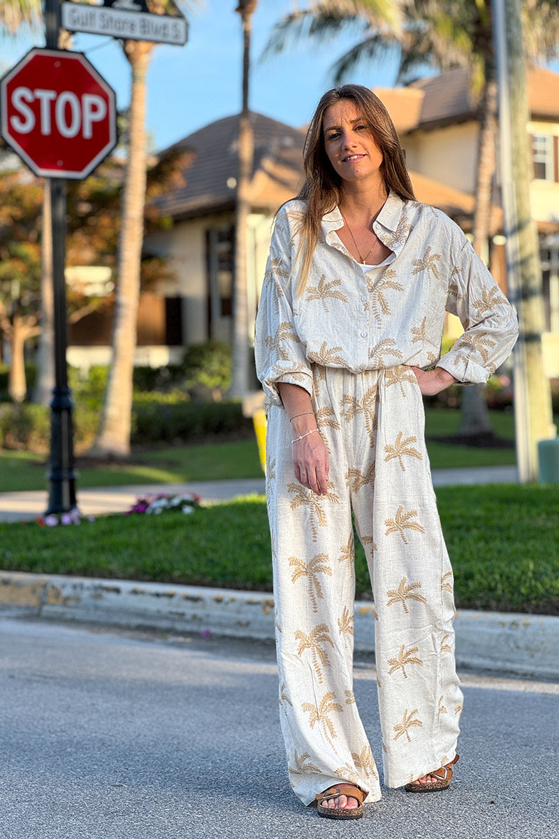 Beige Linen Embroidered Palm Button-Down