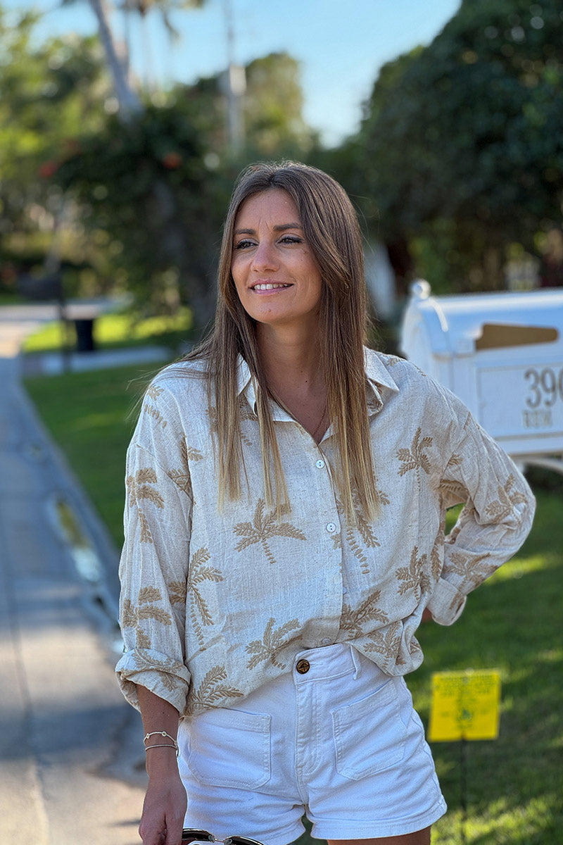 Beige Linen Embroidered Palm Button-Down