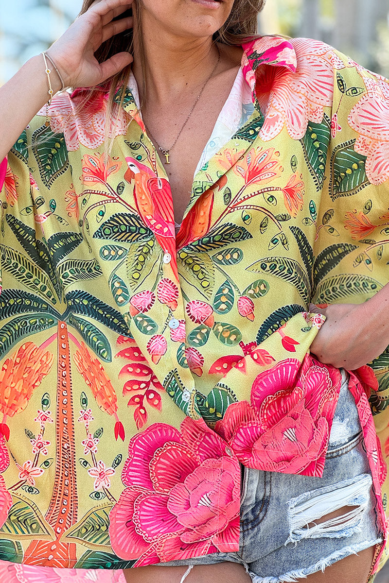 Pink and Green Batik Parrot Kimono Blouse