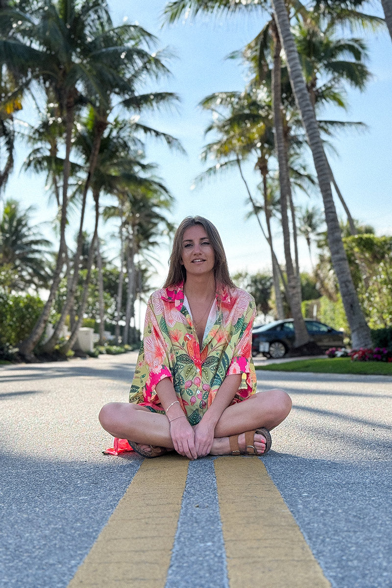 Pink and Green Batik Parrot Kimono Blouse