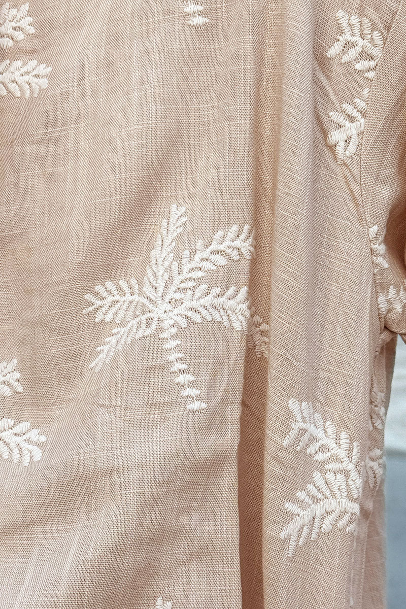 Taupe Linen Embroidered Palm Button-Down