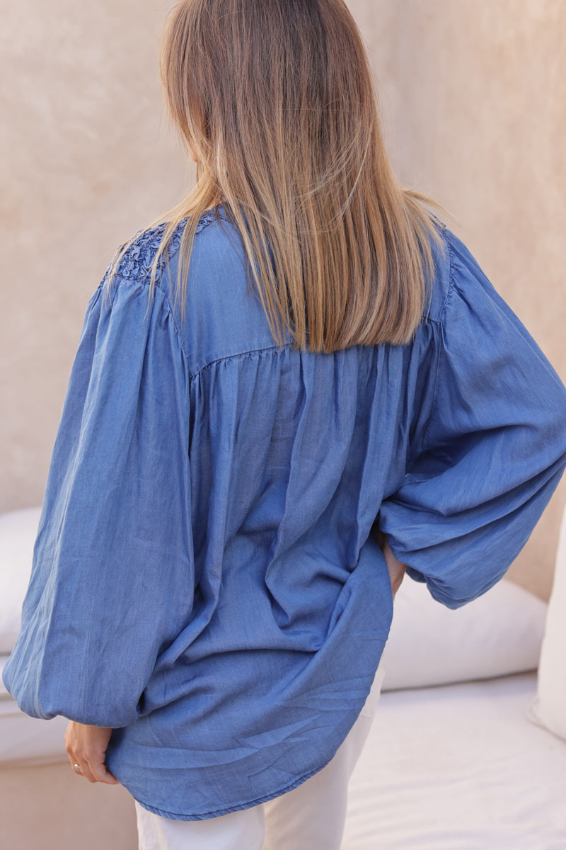 Smocked soft tencel floaty denim shirt with silver buttons