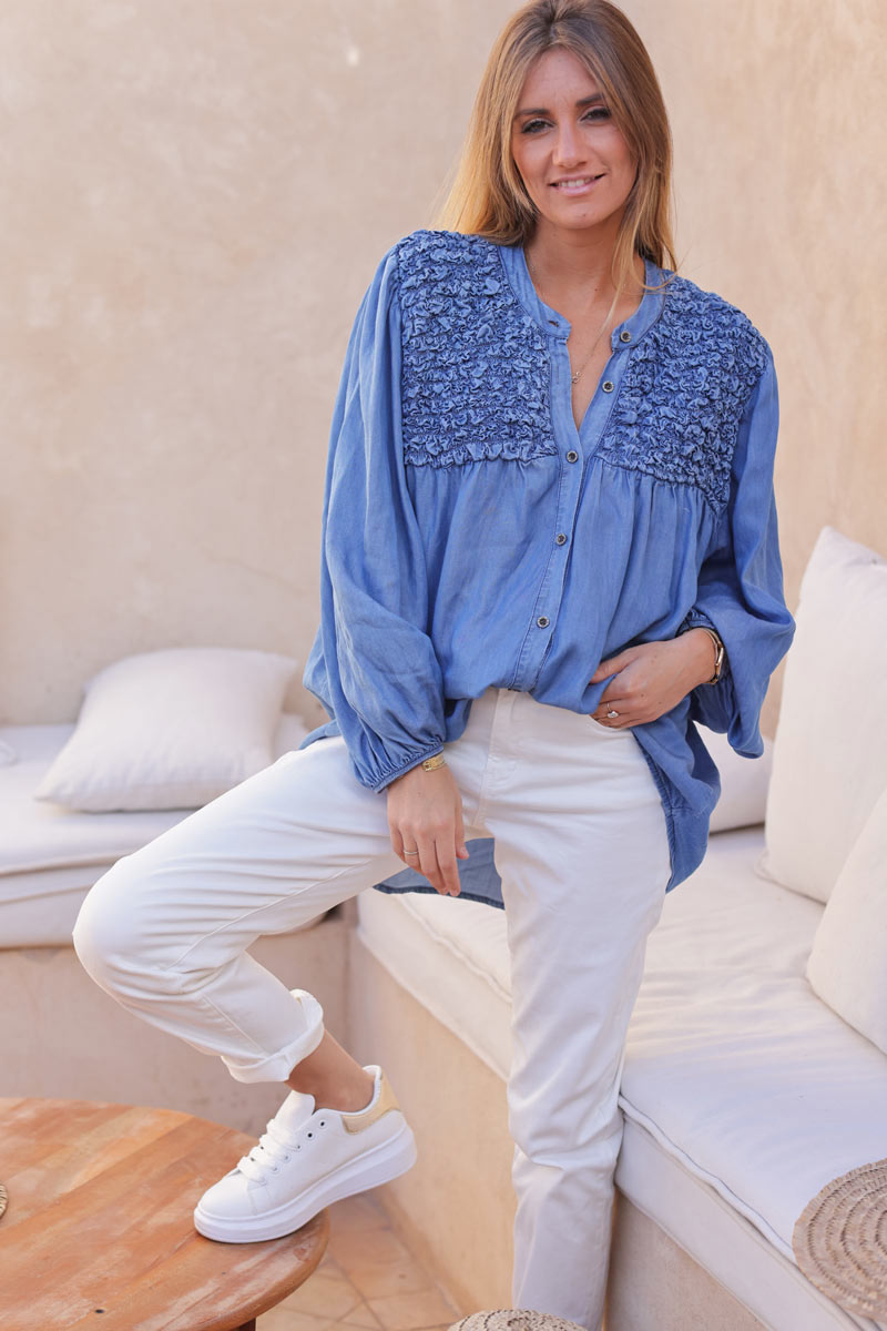 Smocked soft tencel floaty denim shirt with silver buttons