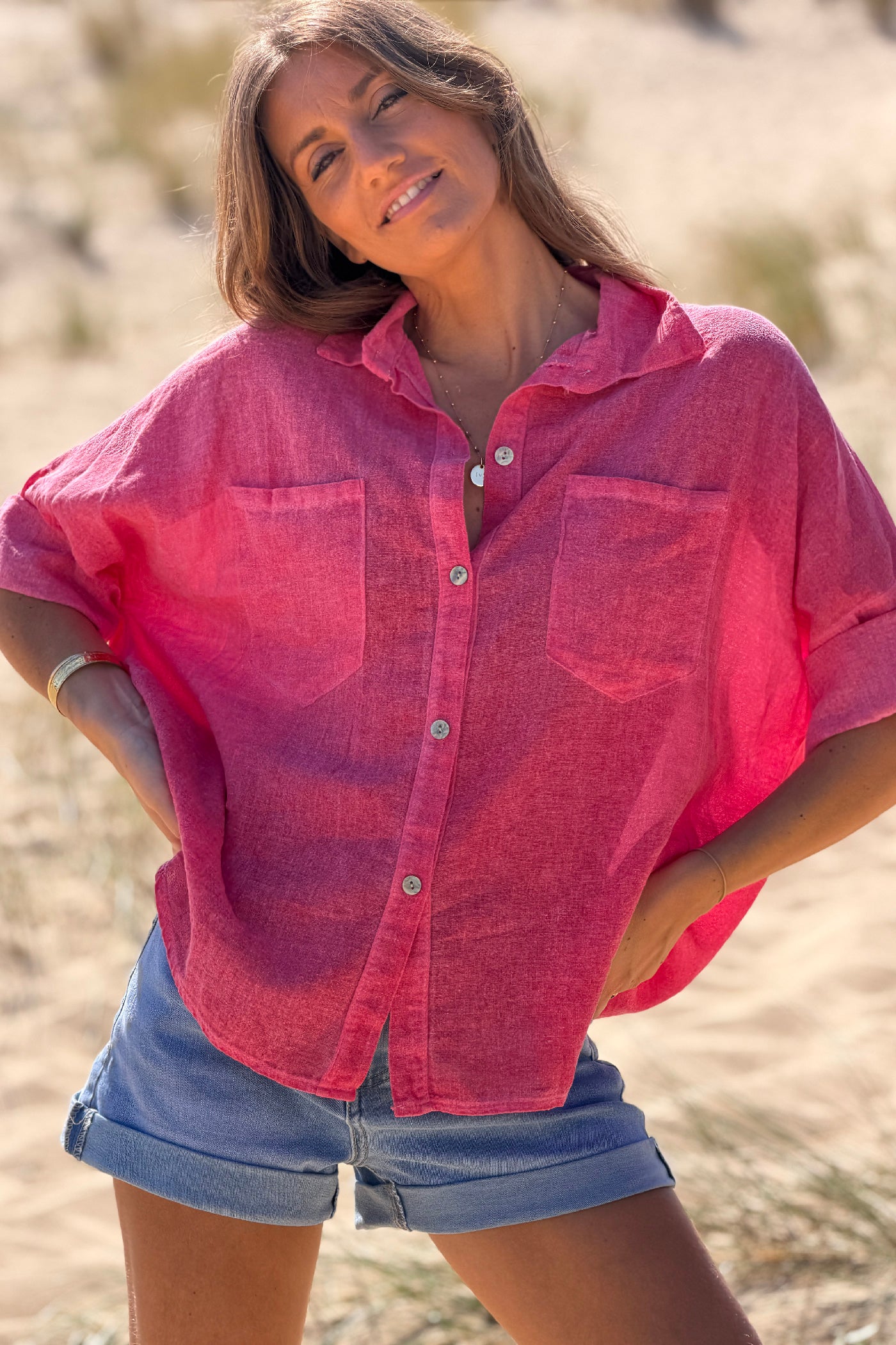Raspberry Soft Cotton Blouse with 3/4 sleeves and large Pockets