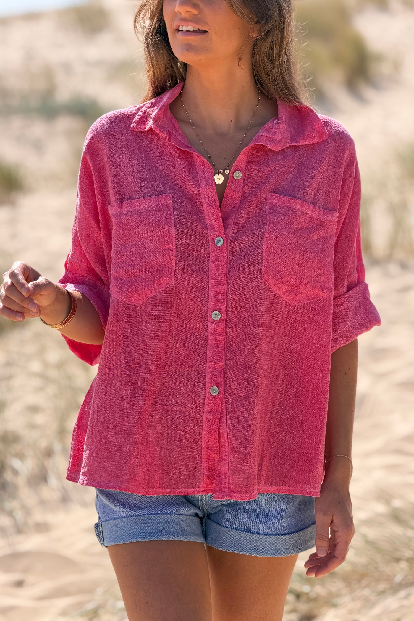 Raspberry Soft Cotton Blouse with 3/4 sleeves and large Pockets