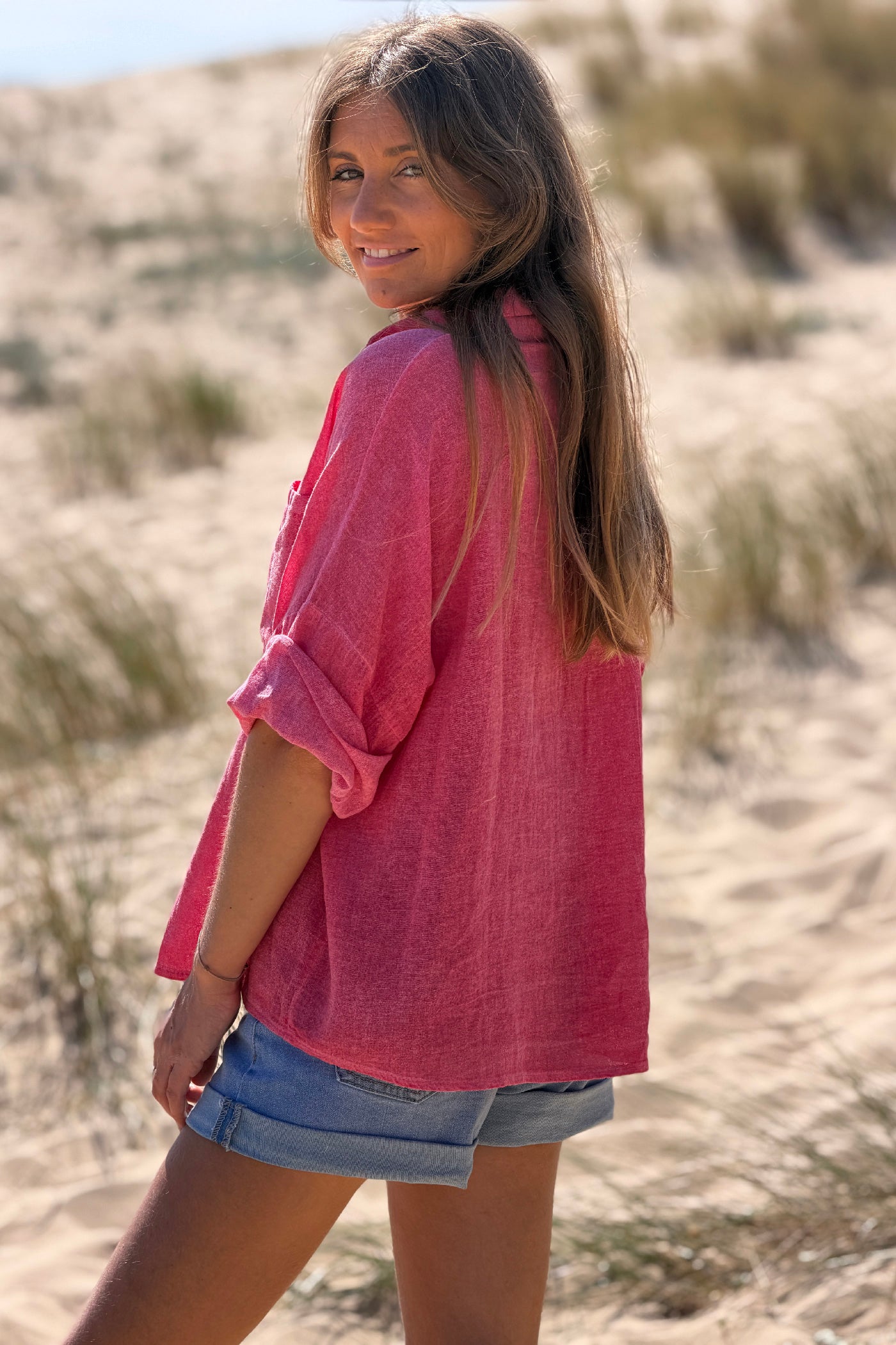 Raspberry Soft Cotton Blouse with 3/4 sleeves and large Pockets
