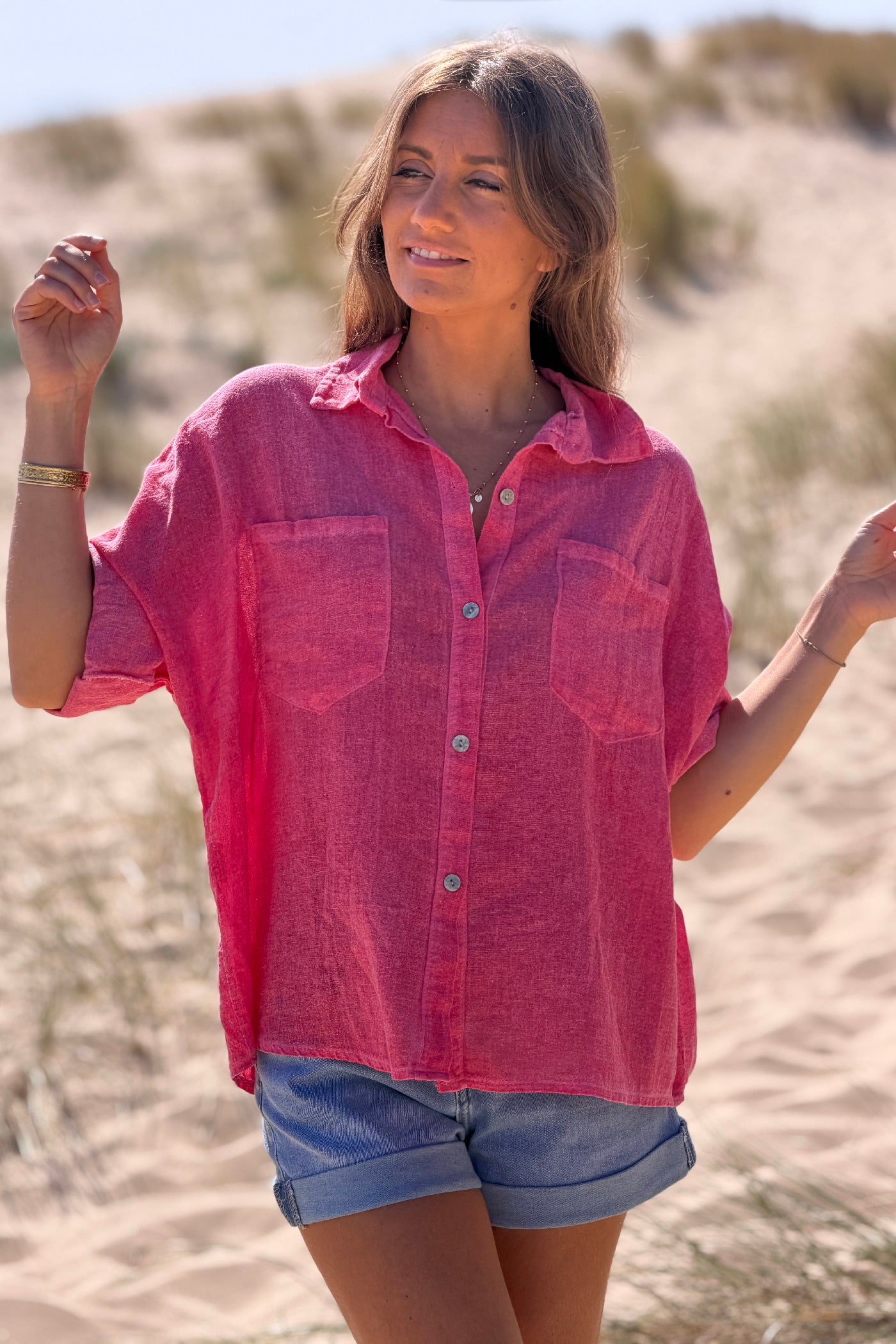 Raspberry Soft Cotton Blouse with 3/4 sleeves and large Pockets