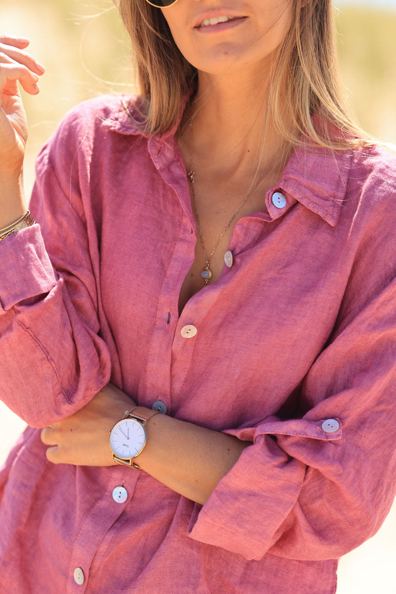 Fuchsia linen shirt with mother of pearl buttons