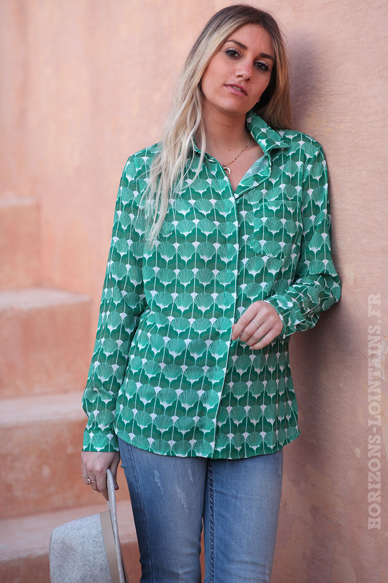 Chemise-imprimés-verts-petits-liserés-brillants-vêtements-bohème-femme-look-hippie-D008