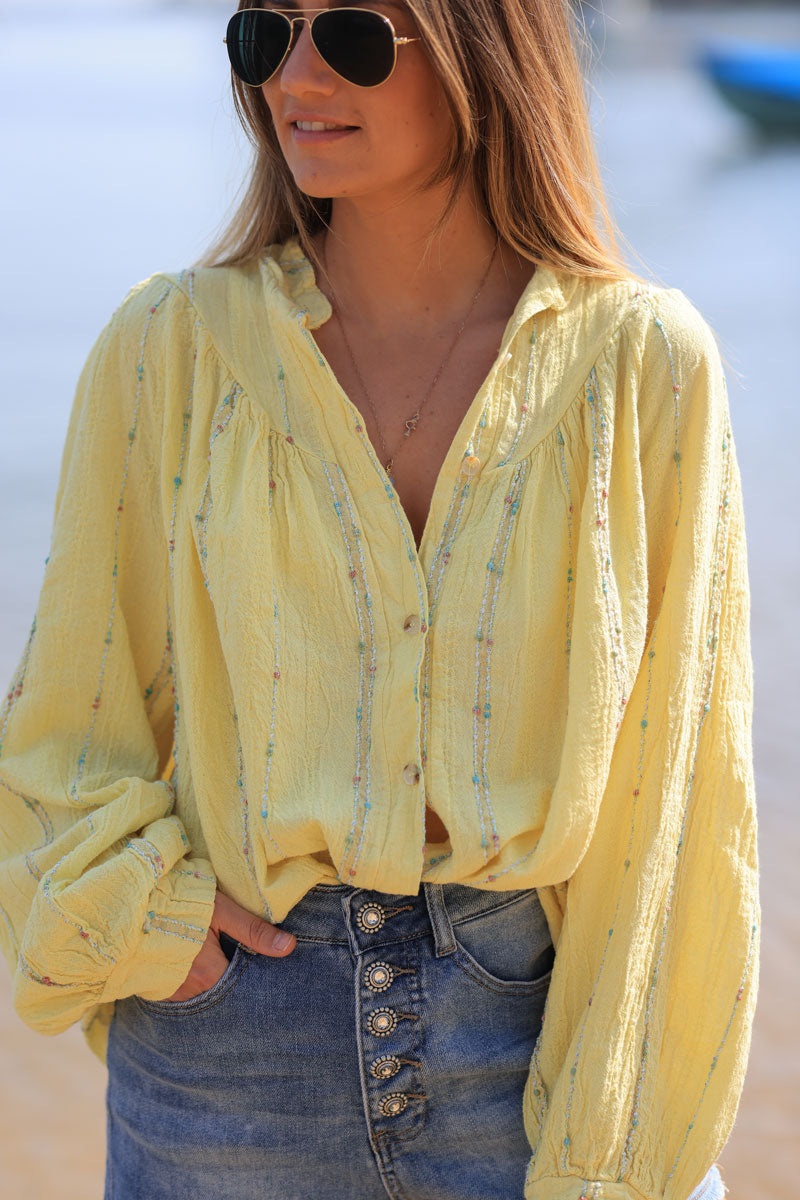 Camisa de algodón efecto piqué amarillo con rayas de hilo dorado y multicolor