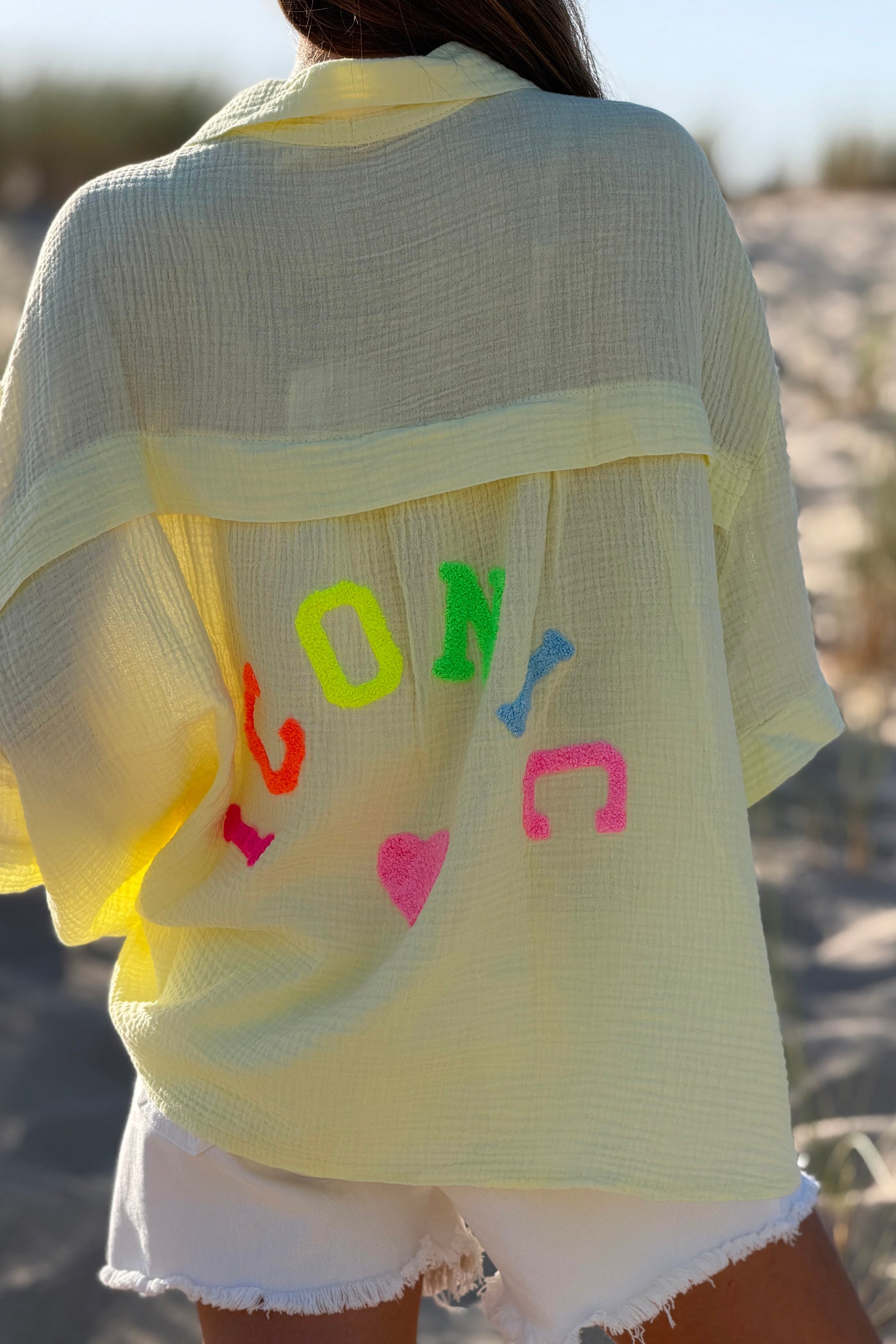 Yellow “ICONIC” Crinkle Gauze Button-Down Top
