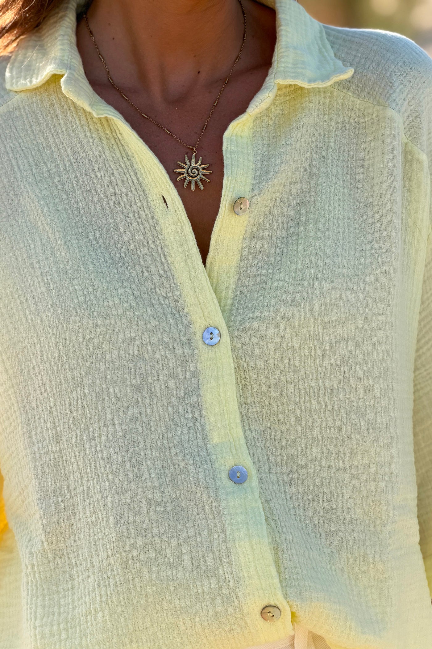 Yellow “ICONIC” Crinkle Gauze Button-Down Top
