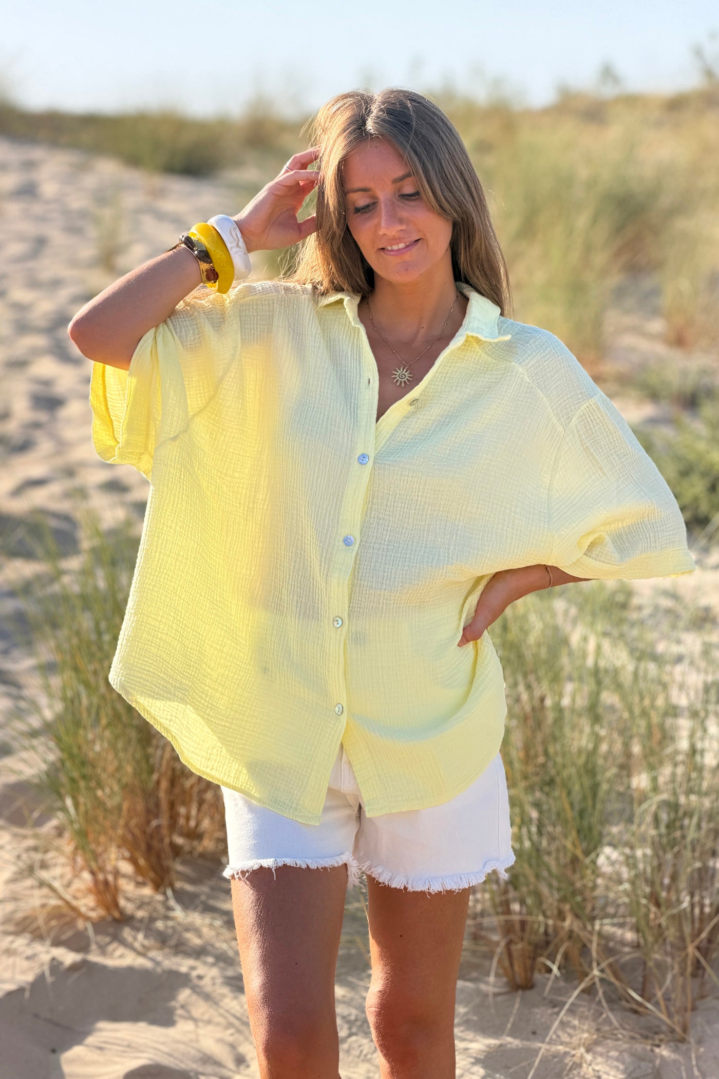 Yellow “ICONIC” Crinkle Gauze Button-Down Top
