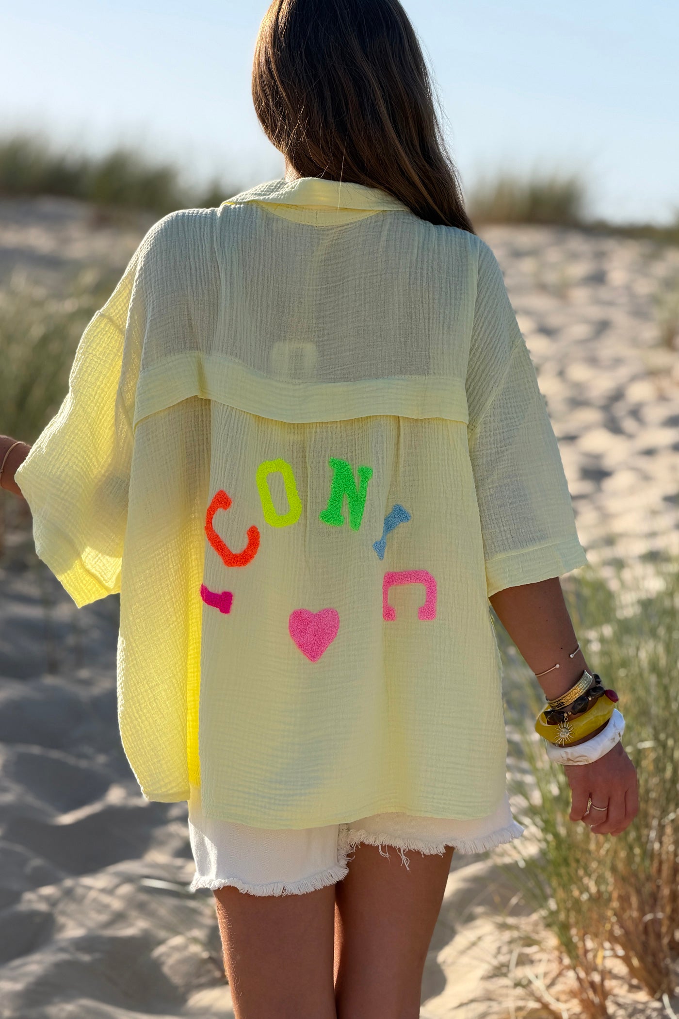 Yellow “ICONIC” Crinkle Gauze Button-Down Top
