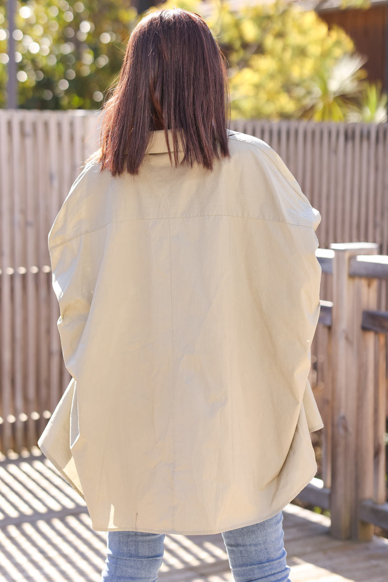 Light khaki oversized shirt with batwing 3/4 length sleeves