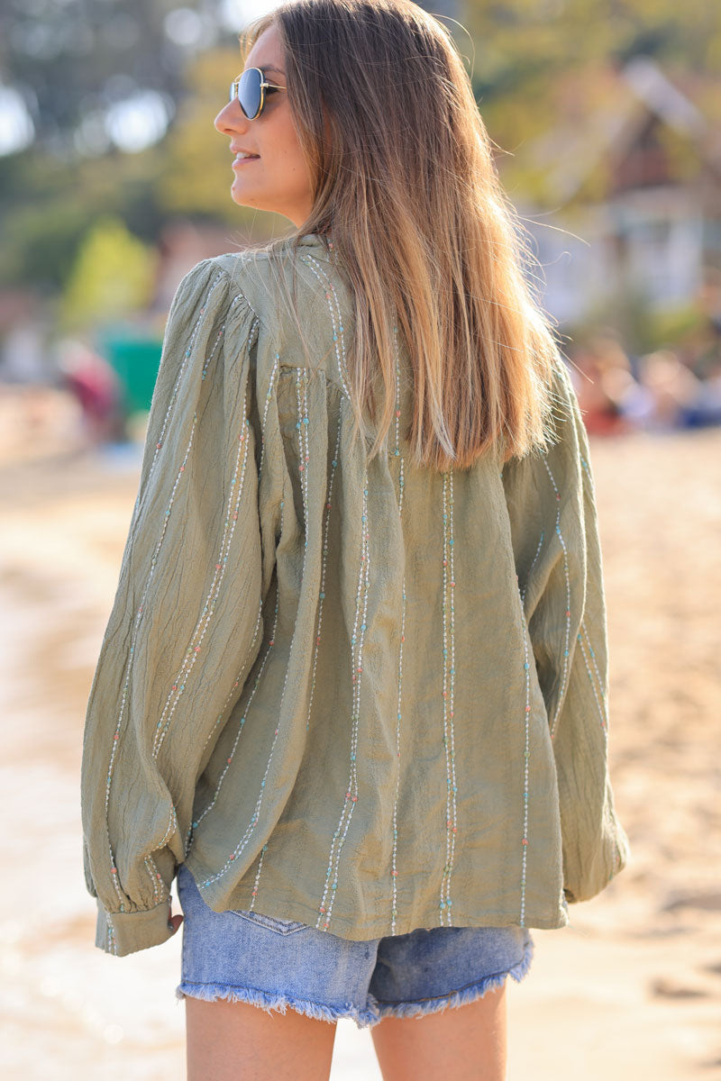 Chemise kaki en coton effet piqué rayures fils gold et multicolores