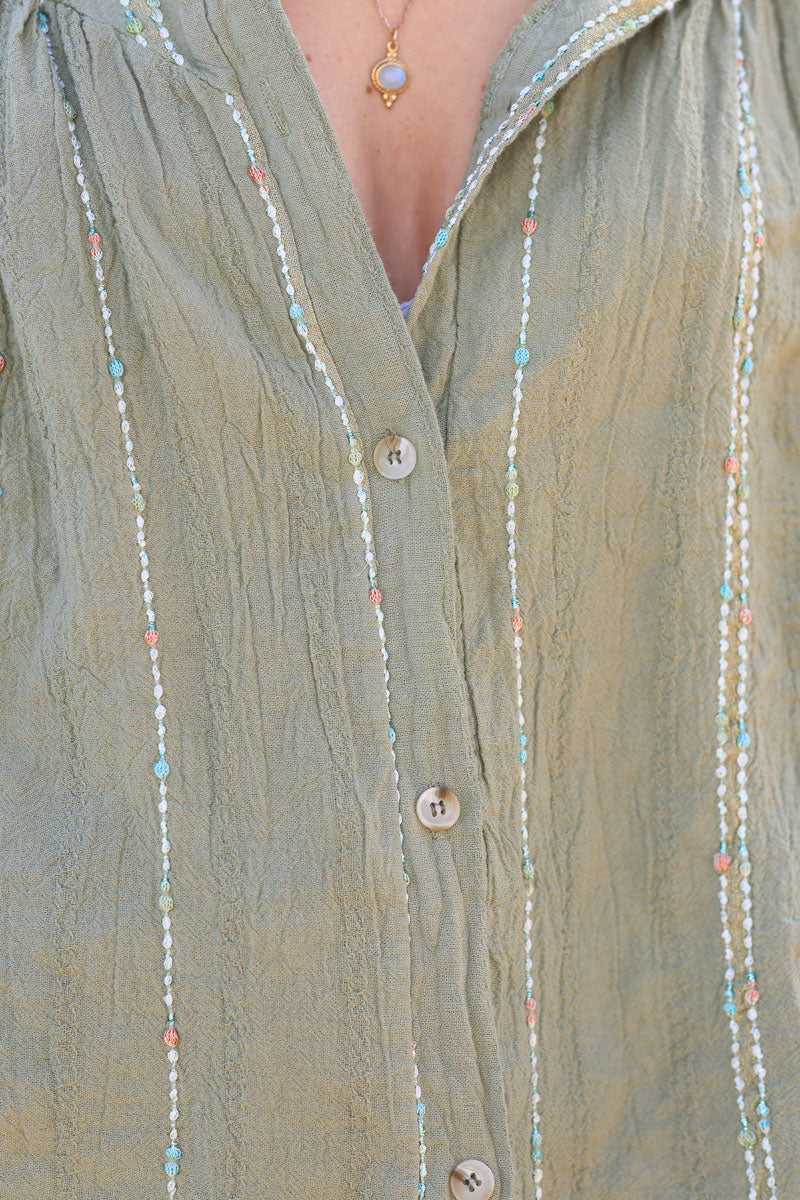 Chemise kaki en coton effet piqué rayures fils gold et multicolores