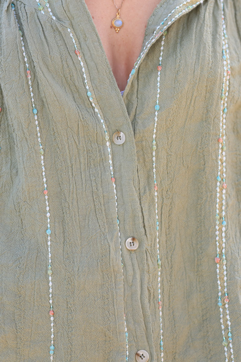 Khaki woven cotton shirt with gold and colored threads