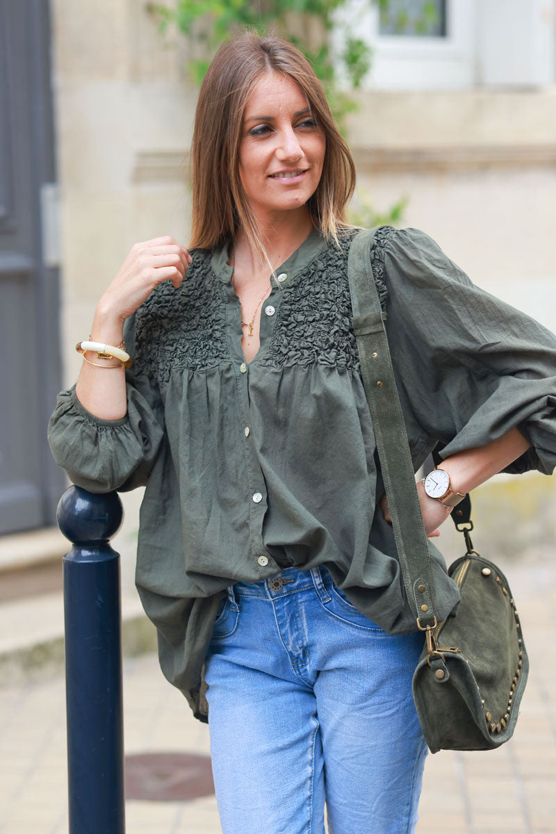 Smocked dark khaki floaty blouse with mother of pearl buttons