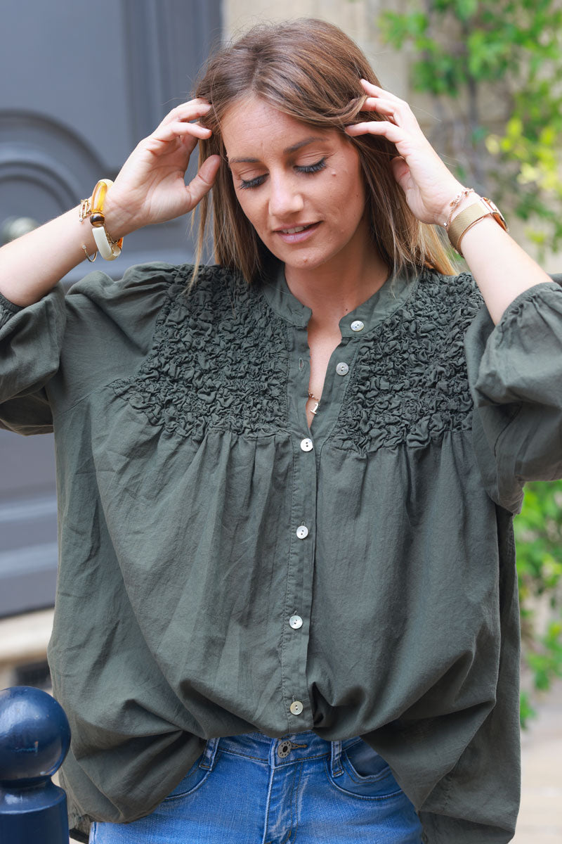 Smocked dark khaki floaty blouse with mother of pearl buttons