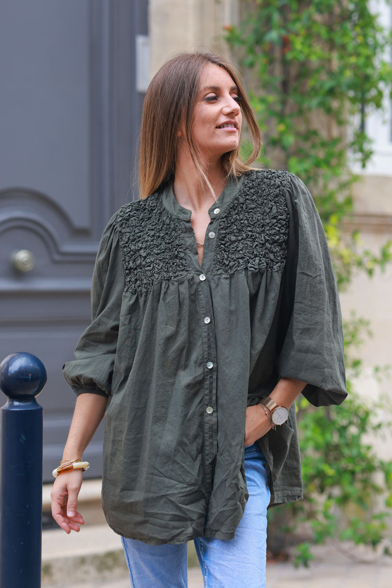 Smocked dark khaki floaty blouse with mother of pearl buttons