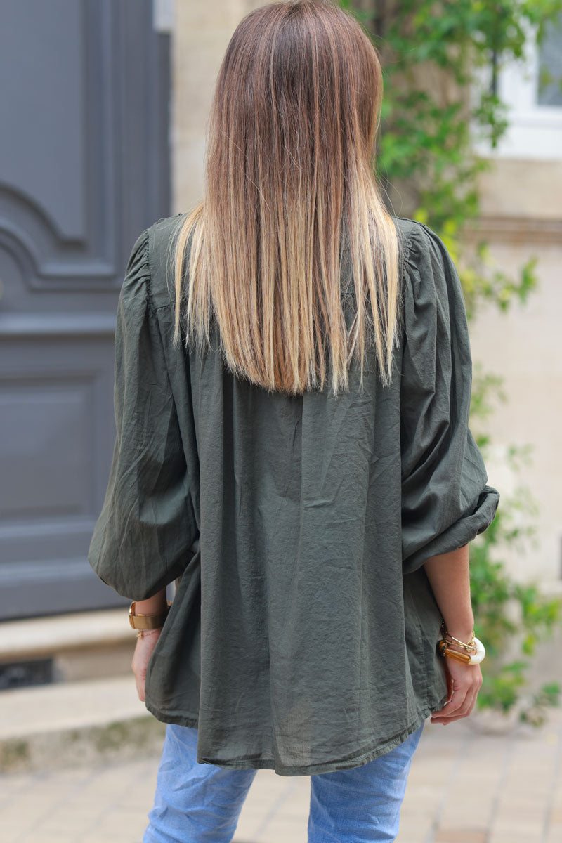 Smocked dark khaki floaty blouse with mother of pearl buttons