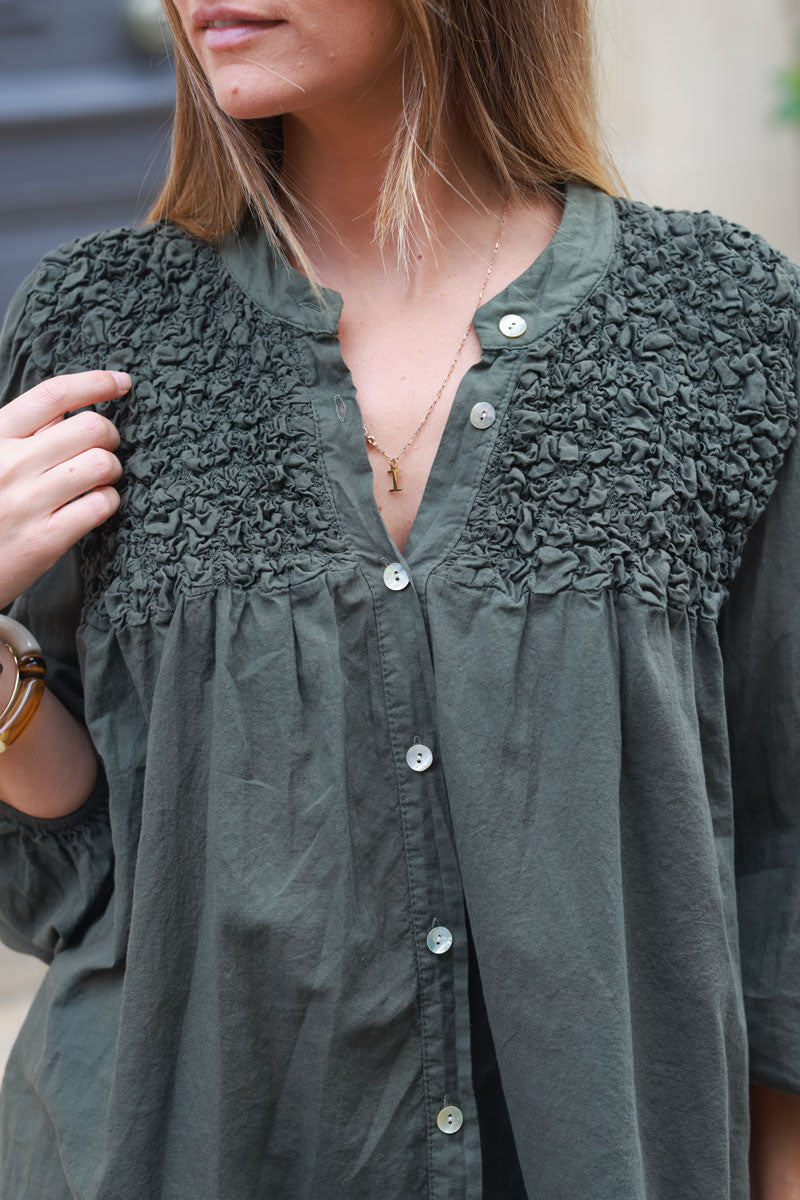 Smocked dark khaki floaty blouse with mother of pearl buttons