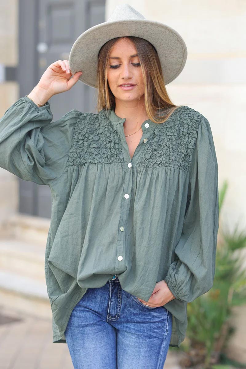 Smocked khaki floaty blouse with mother of pearl buttons