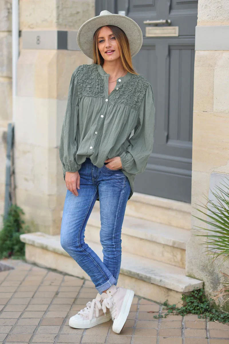 Smocked khaki floaty blouse with mother of pearl buttons