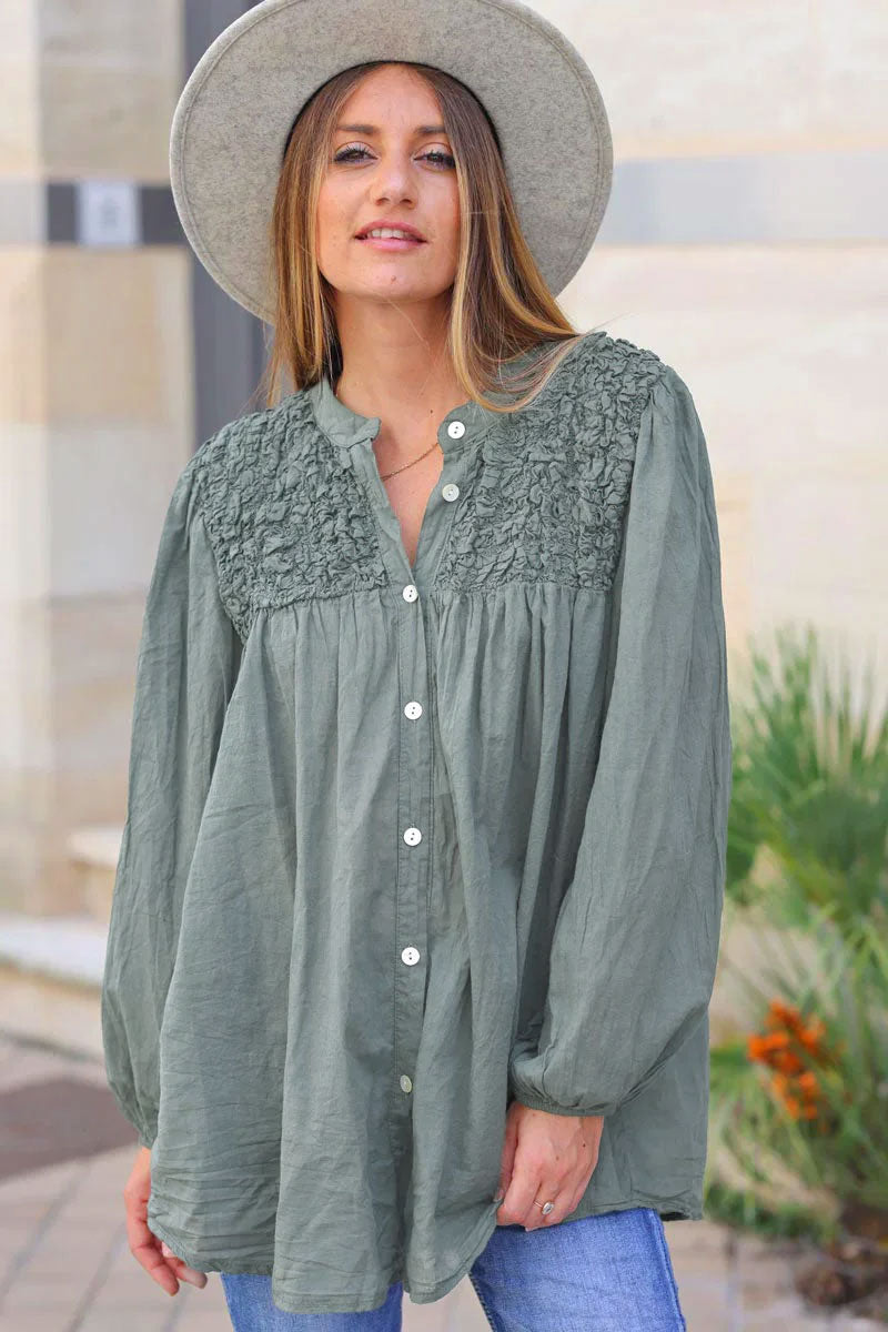 Smocked khaki floaty blouse with mother of pearl buttons