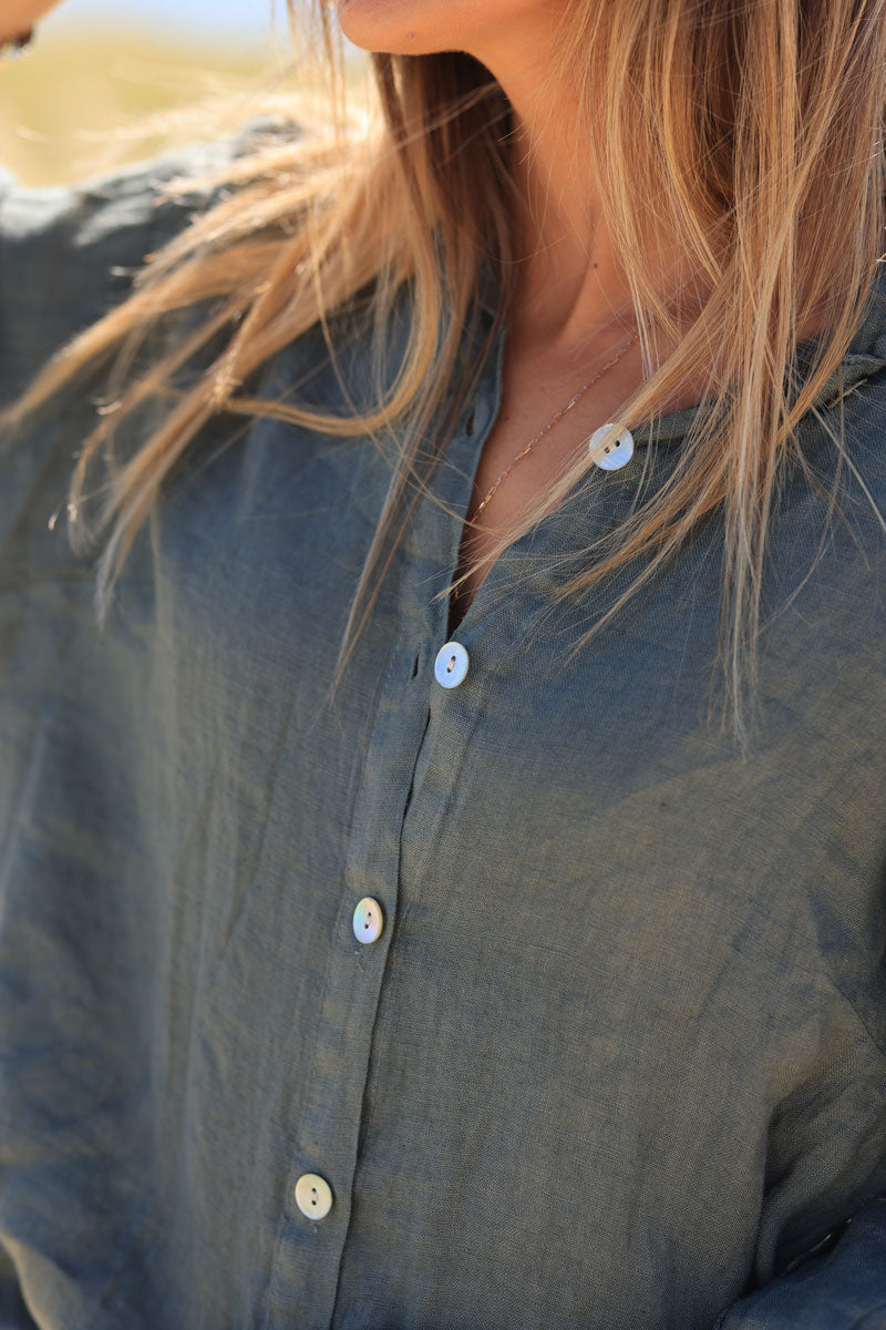 Khaki linen shirt with mother of pearl buttons