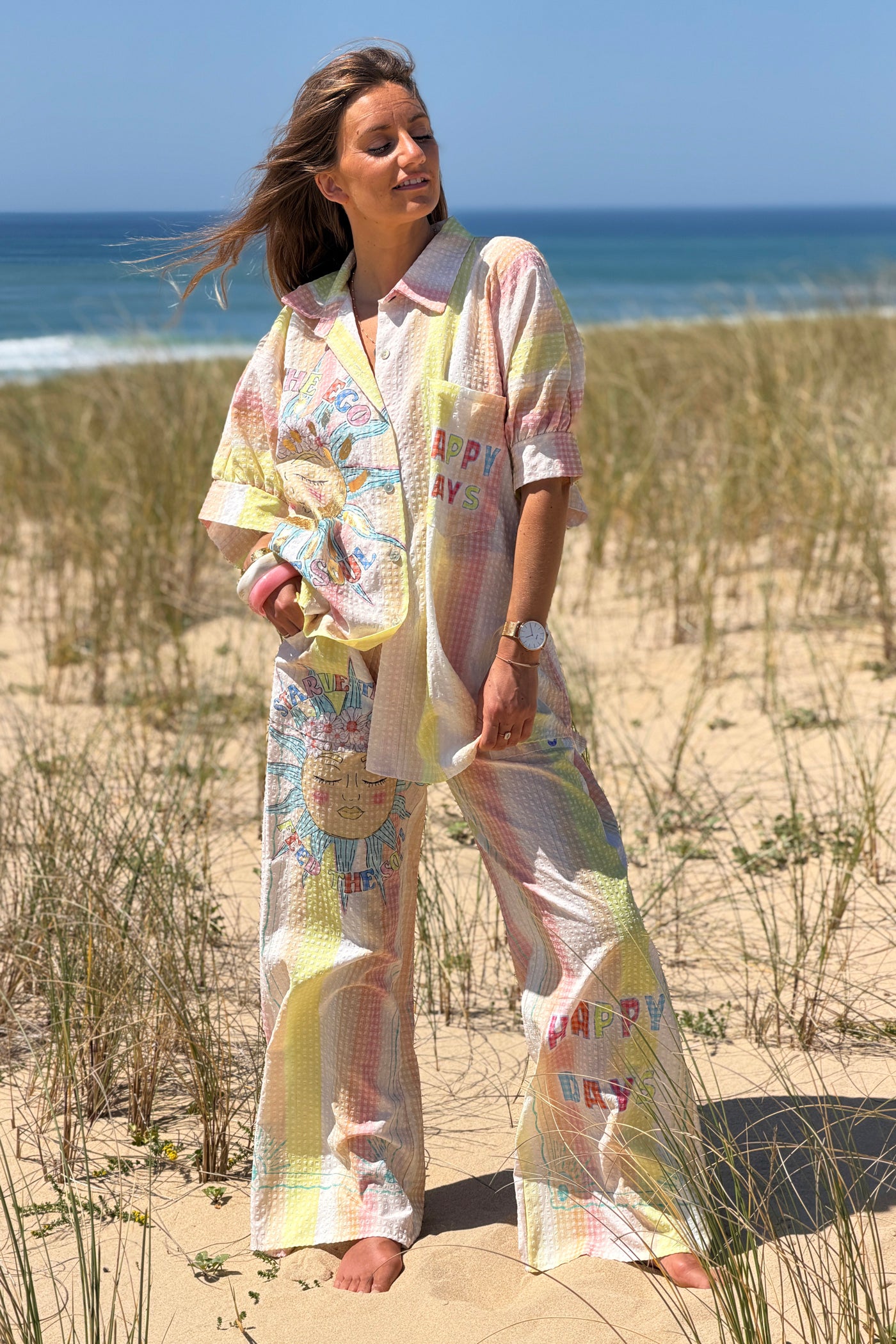 Chemise large à manches courtes en seersucker jaune motif soleil Happy Days