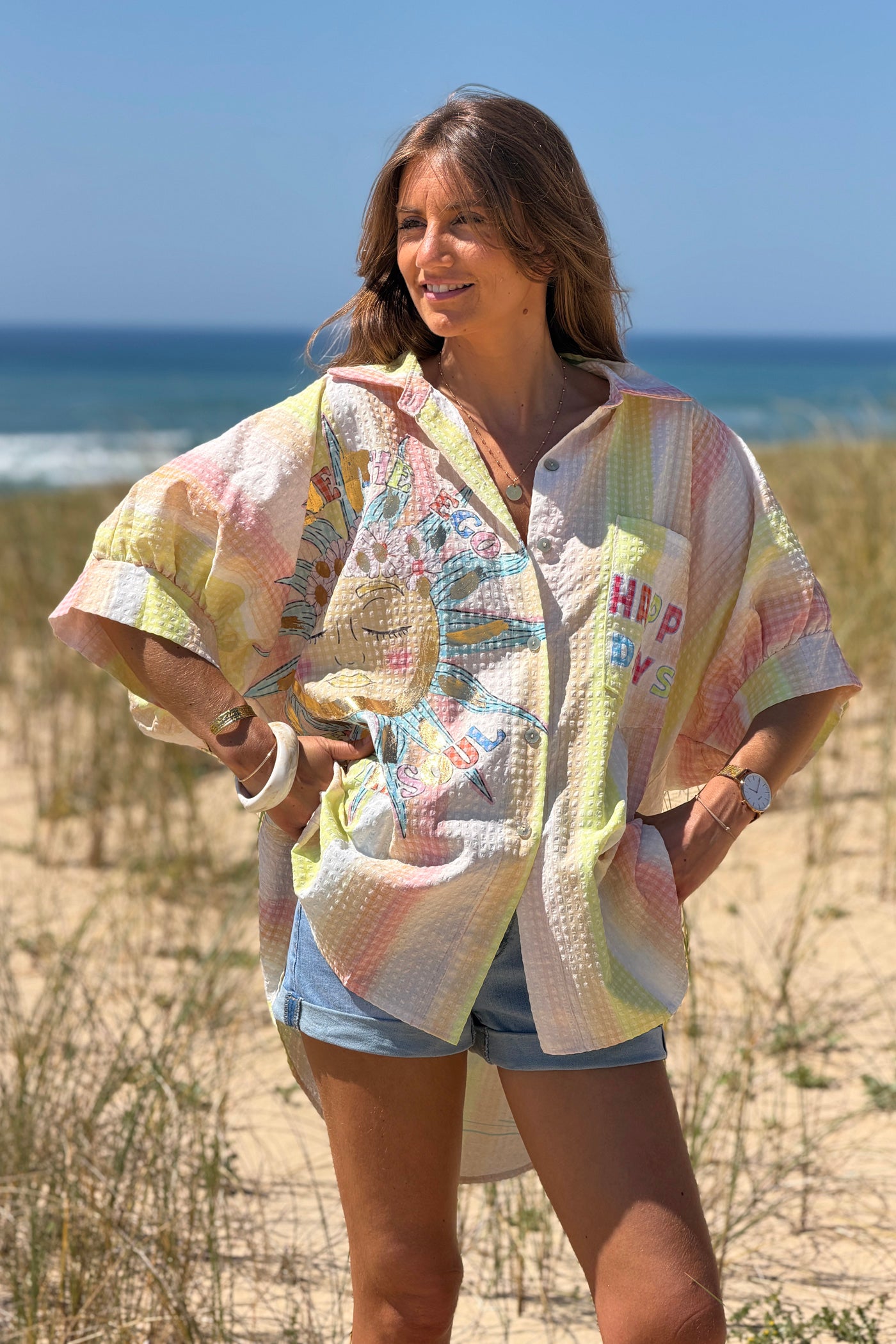 Chemise large à manches courtes en seersucker jaune motif soleil Happy Days