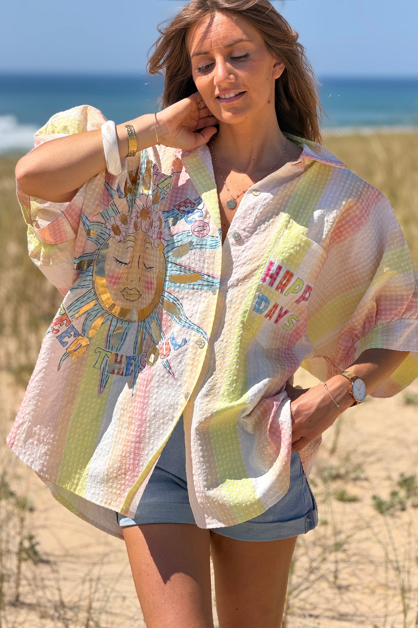 Chemise large à manches courtes en seersucker jaune motif soleil Happy Days