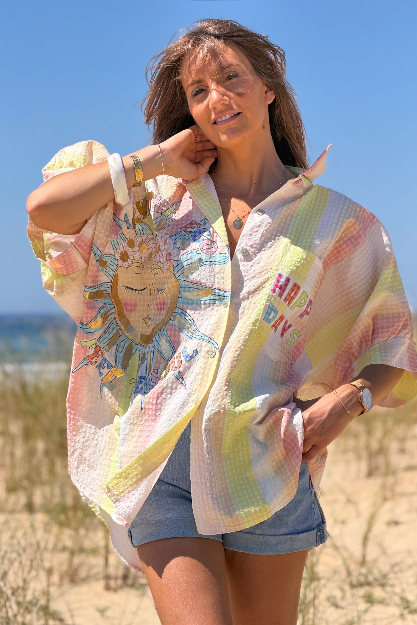 Chemise large à manches courtes en seersucker jaune motif soleil Happy Days