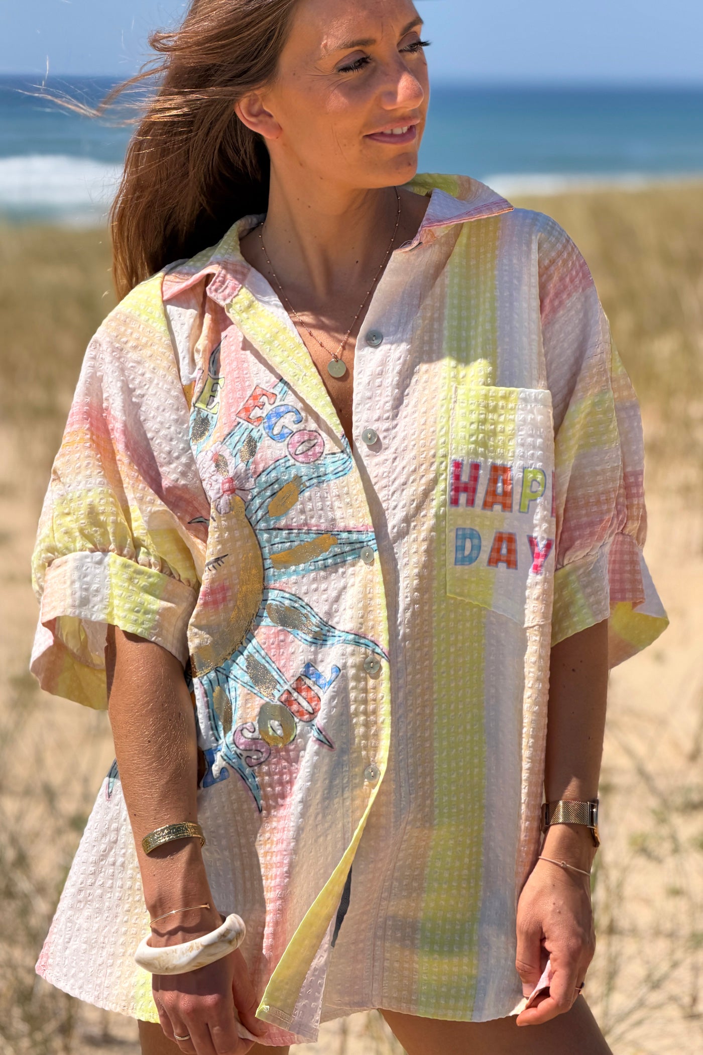 Chemise large à manches courtes en seersucker jaune motif soleil Happy Days