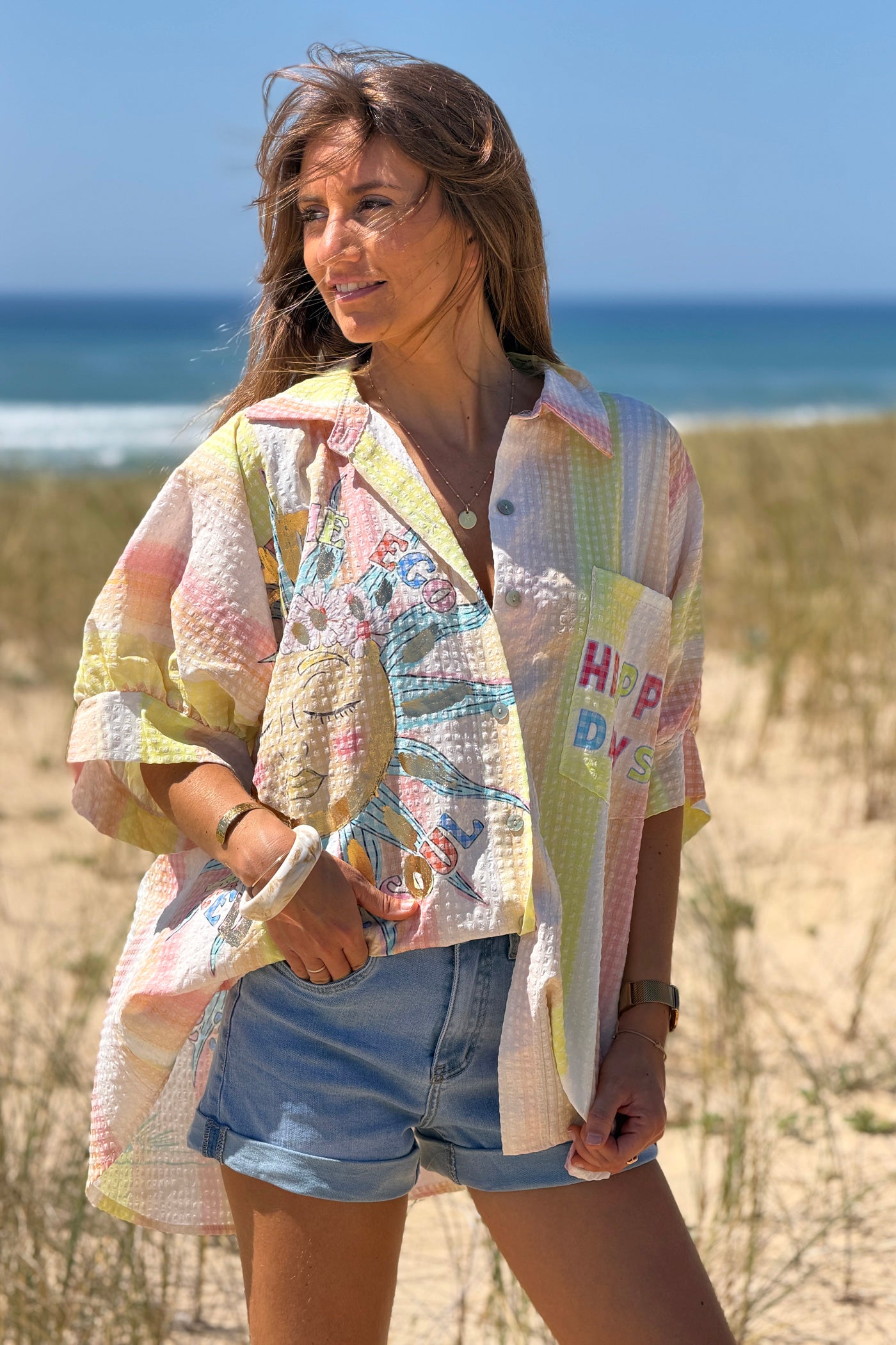 Chemise large à manches courtes en seersucker jaune motif soleil Happy Days