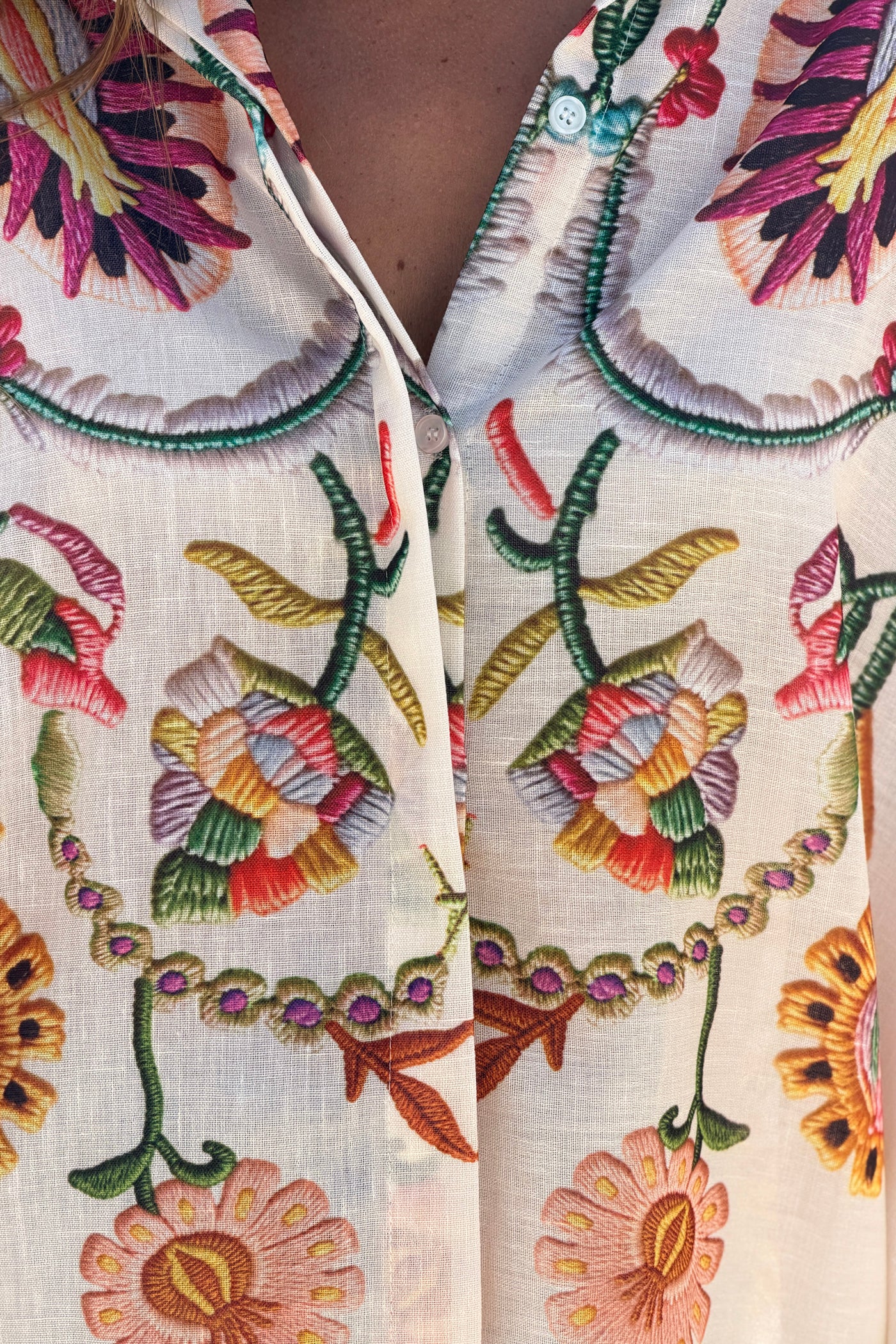 Beige Embroidered Folk Garden Button-Down Blouse