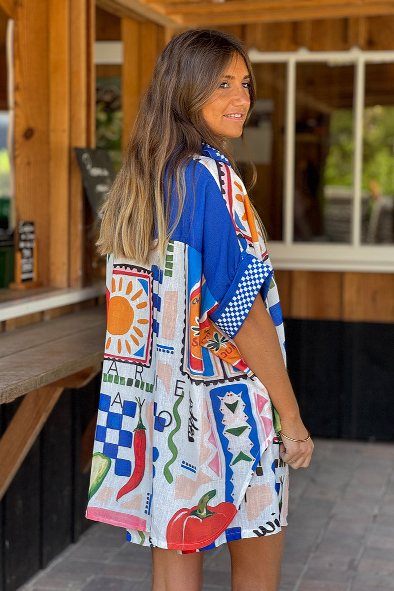 Chemise large à manches courtes looses soleil spicy graphisme bleu