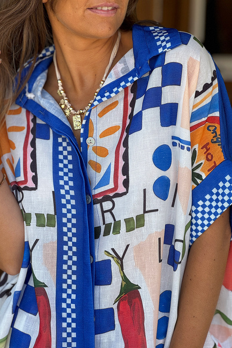 Chemise large à manches courtes looses soleil spicy graphisme bleu